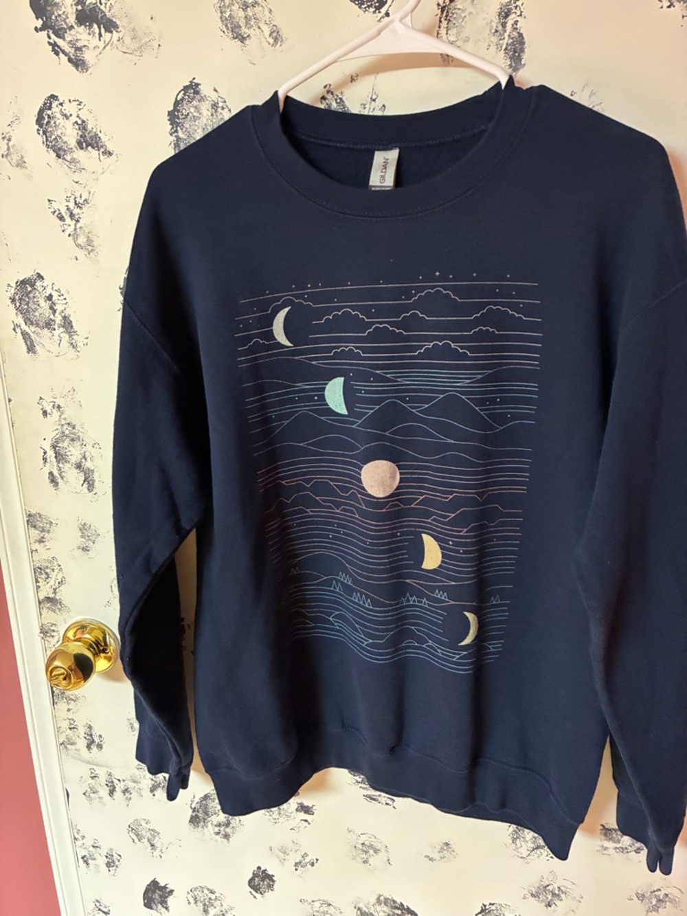 Gildan Navy Crewneck Sweatshirt with Pastel Moon Graphic